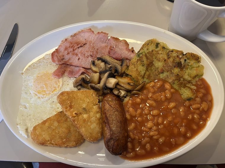 Full English breakfast seen from above.