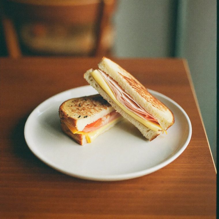 A toasted sandwich cut in half on a white plate.